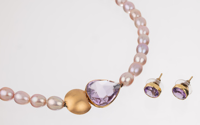 18 kt gold amethyst-pearl-jewelry set , YG 750/000, comprised of:...