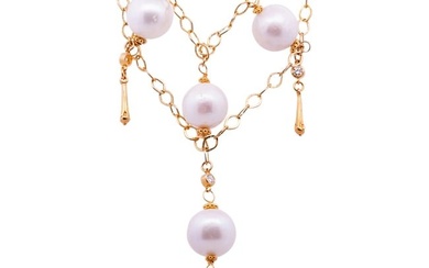 18k Gold, Diamond and Beaded Pearl Necklace