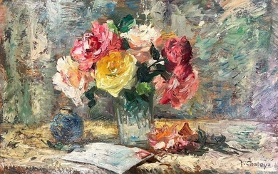 1930’s French Impressionist Still Life Roses in glass Vase, signed oil 1930’s