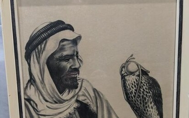 1960 Meher Raheem Arab Falconer B&W Drawing