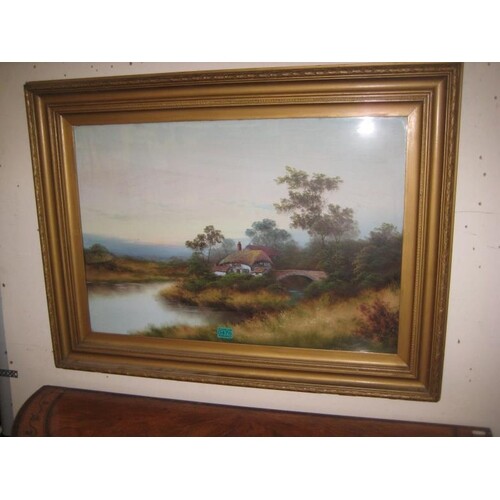19th Century School "Cottage by the Bridge" OIL in a gilt Fr...