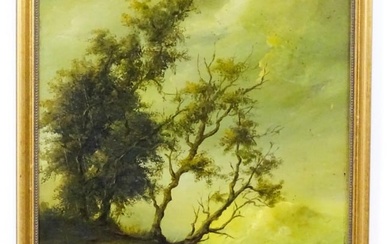 19th century, Dutch School, Oil on panel, A landscape with a man on a path passing trees on a