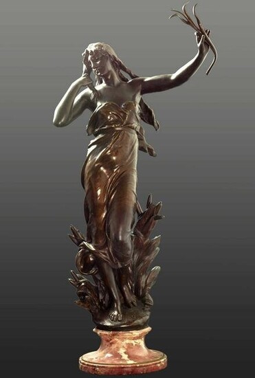 19th century bronze sculpture on rouge marble base by Eugene Marioton (1854-1933)