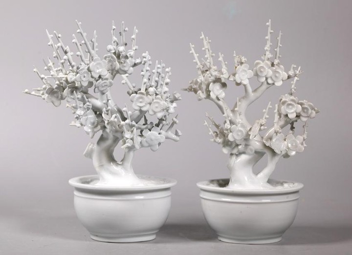 2 Chinese Blanc de Chine Porcelain Hawthorn Plants