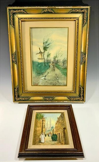 2 Paintings, Dutch Watercolor, Middle East Oil