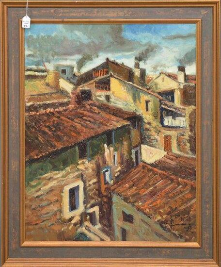 20th Century Oil on canvas - Aerial view of rooftops.
