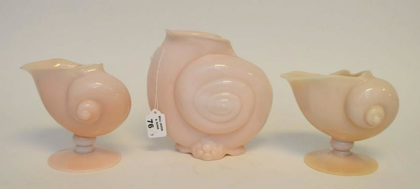 3 pcs. Pink Cambridge glass shell form vases, 2