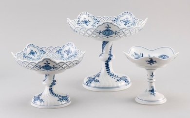 THREE MEISSEN "BLUE ONION" PATTERN PORCELAIN COMPOTES 1-2) Two with pierced rims. Taller with first-quality crossed swords mark, sho...