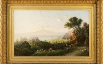 GEORGE L. BROWN, Massachusetts/New Hampshire, 1814-1889, "View of the Town of Vico, near Naples"., Oil on canvas, 22" x 36". Framed...