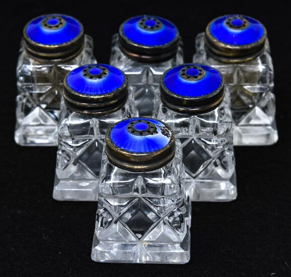6 Antique Cut Crystal Silver Blue Enamel Shakers