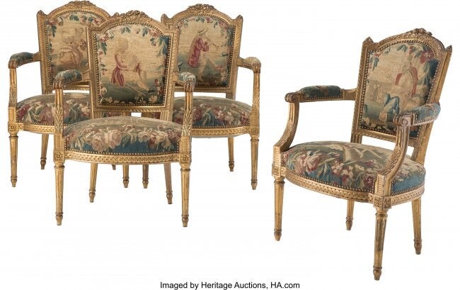 61076: Four Louis XVI-Style Carved Giltwood and Upholst