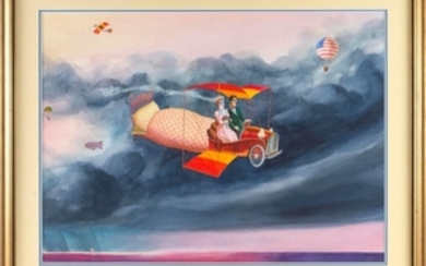 ANDRZEJ CZECZOT, Poland, 1933-2012, Fantastical scene with a bed-form flying car., Watercolor on paper, 20.75" x 28" sight. Framed 2...