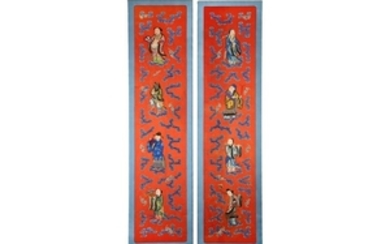 A PAIR OF CHINESE EMBROIDERED 'EIGHT IMMORTALS' RED
