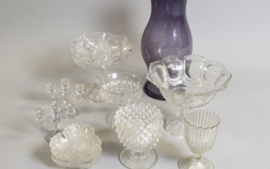 Eleven Pieces of Colorless Pressed Glass and an Amethyst Glass Hurricane Shade
