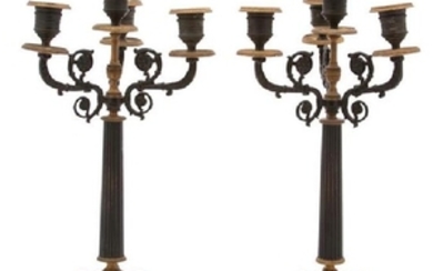 A Pair of French Empire Style Ebonized and Gilt Bronze Candelabra