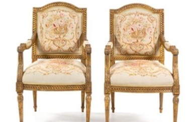 A Pair of Louis XVI Style Giltwood Fauteuils Height 41