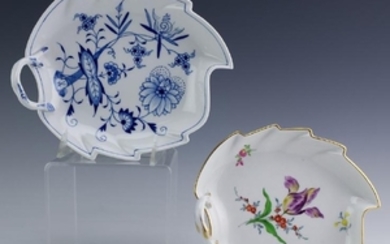 Meissen Pair of Hand Painted Leaf Form Dish Trays
