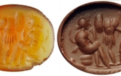 Roman carnelian intaglio. Two satyrs compose a military trophy. The...