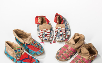 Three Pairs of Plains Beaded Hide Moccasins