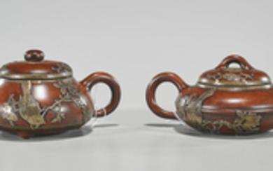 Two Chinese Metal-Mounted Yixing Pottery Teapots