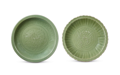 TWO LARGE INCISED LONGQUAN CELADON CHARGERS, MING DYNASTY, 15TH CENTURY