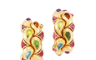 Pair of Gold and Cabochon Colored Stone 'Casmir' Hoop Earclips, Chopard