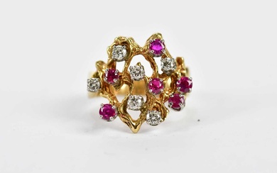 A 14ct yellow gold diamond and ruby dress ring, the...