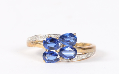 A 9 CARAT GOLD, BLUE PASTE AND DIAMOND SET RING.
