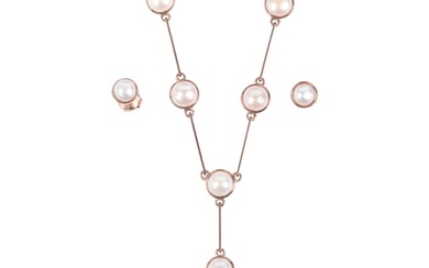 A 9ct rose gold whole pearl matching pendant necklace and ea...