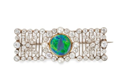 A BELLE EPOQUE OPAL, DIAMOND AND PEARL BROOCH the rectangular brooch set with a round cabochon op...