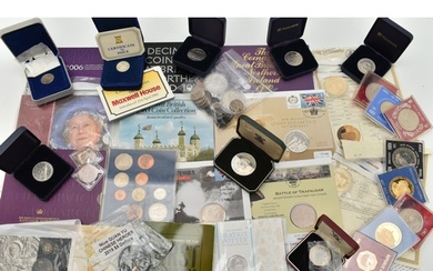 A CARDBOARD BOX CONTAINING MIXED COINS AND COMMEMORATIVES, t...