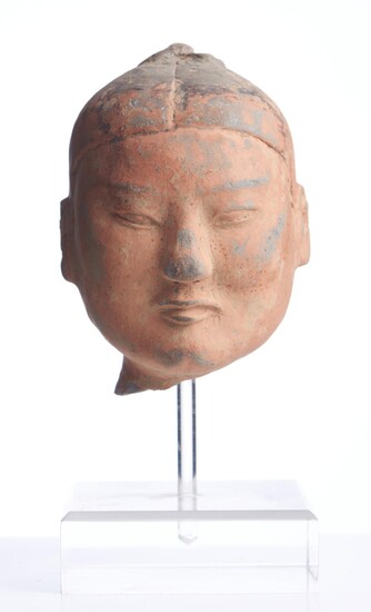 A CHINESE PAINTED GREY-POTTERY WARRIOR HEAD HAN DYNASTY (206BC - 220AD)