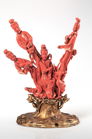 A CHINESE RED CORAL SCULPTURE WITH ORMOLU BASE, 19TH CENTURY