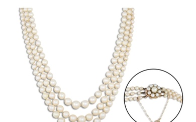 A CULTURED PEARL NECKLACE, the triple rowed graduated with 9...