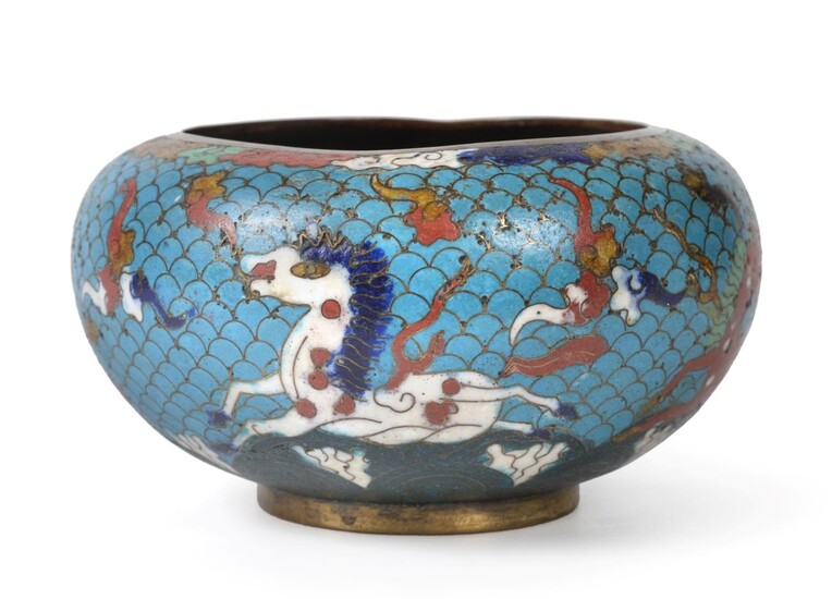 A Chinese Cloisonné Enamel Bowl, mid 19th century, of globular form, decorated with four galloping