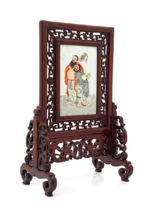 A Chinese Famille Rose Porcelain Inset Hardwood Table Screen