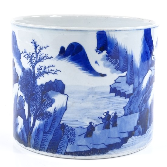 A Chinese blue and white porcelain brush pot with painted la...