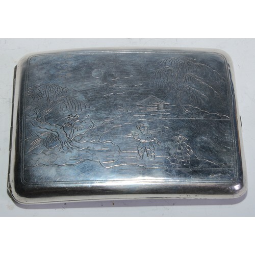 A Chinese silver curved rounded rectangular cigarette case, ...