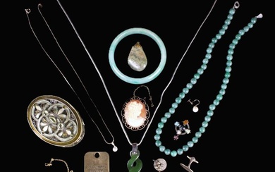 A Collection of Jewellery to include a green jadedite bangle, bead necklace, a carved spinach jade t