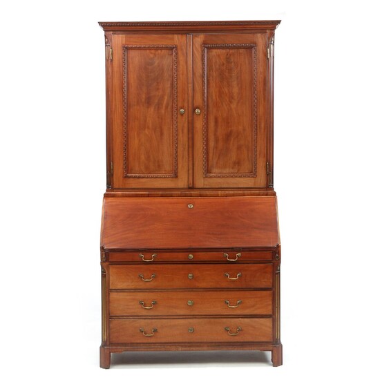 NOT SOLD. A Danish Louis XVI mahogany bureau with upper part and brass inlays. Interior of the drawers made from cedar wood. C. 1780. H. 234 cm. W. 122 cm. D. 59 cm. – Bruun Rasmussen Auctioneers of Fine Art