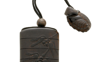 A FOUR-CASE BLACK-LACQUER INRŌ WITH DRAGONFLIES Edo period (1615-1868), 19th...