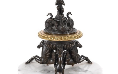 A FRENCH BRONZE AND GILT BRONZE INKWELL, 19TH CENTURY