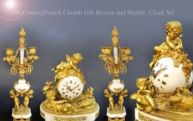 A Fine 19th C. French Gilt Bronze & Marble Figural Clock Set