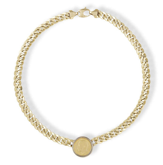 A GOLD NECKLACE WITH COIN PENDANT, the curb-link...