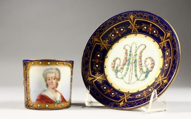 A GOOD 19TH CENTURY SEVRES CUP AND SAUCER, rich blue