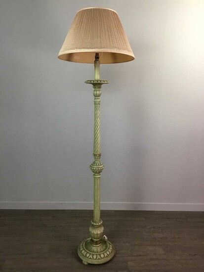 A GREEN PAINTED MOULDED WOOD FLOOR LAMP
