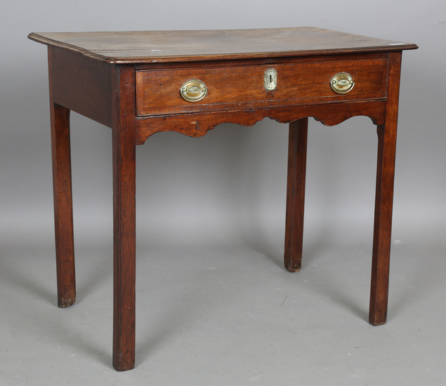A George III mahogany side table, fitted with a single oak-lined drawer, height 71cm, width 81cm, de