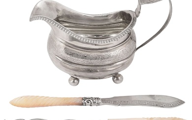 A George III silver milk jug and two Victorian butter knives
