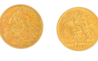 A George V 1915 half sovereign and a George V...