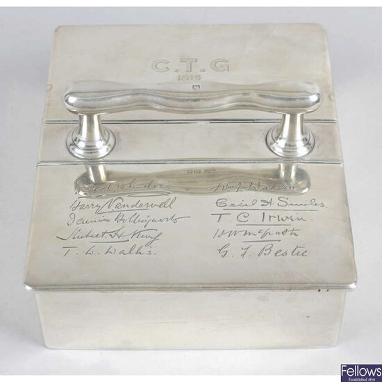 A George V silver mounted double hinged cigar box with carrying handle.